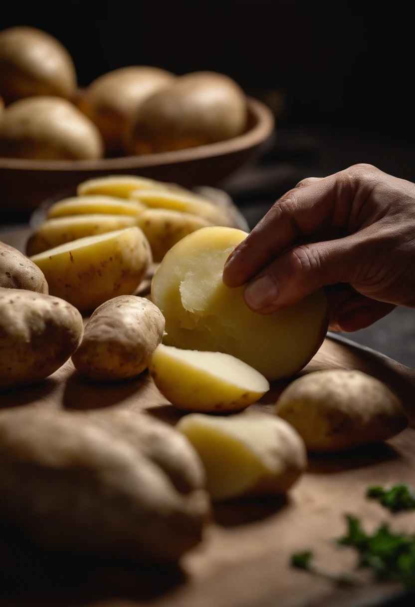 A close-up shot of a chef’s hand slicing a potato into thin, delicate rounds, with the knife gliding effortlessly through, creating a visually precise and skillful image.