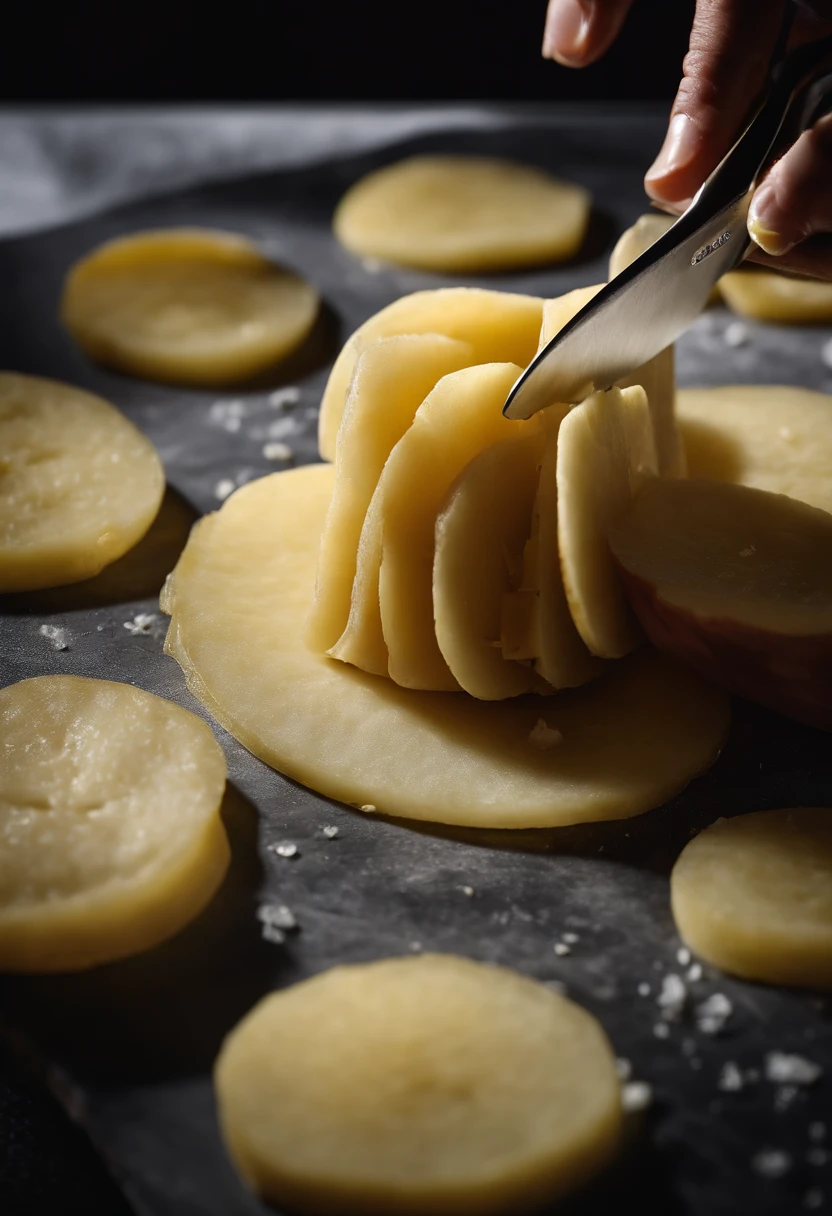 A close-up shot of a chef’s hand slicing a potato into thin, delicate rounds, with the knife gliding effortlessly through, creating a visually precise and skillful image.
