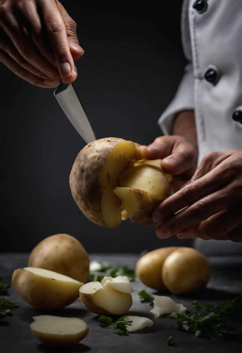 A close-up shot of a chef’s hand slicing a potato into thin, delicate rounds, with the knife gliding effortlessly through, creating a visually precise and skillful image.