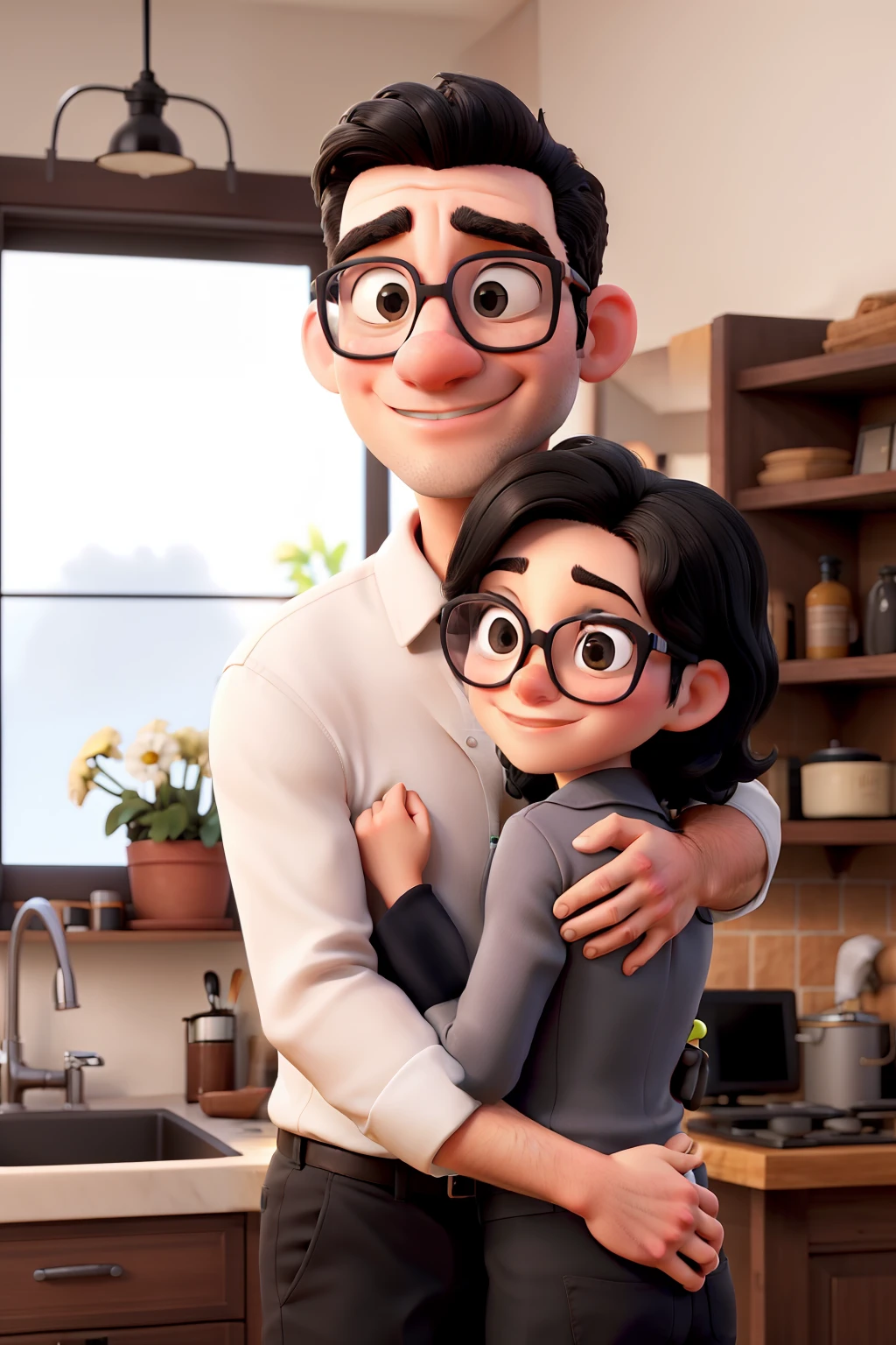 obra prima. Bald man with glasses hugging woman with black hair. Casal feliz.