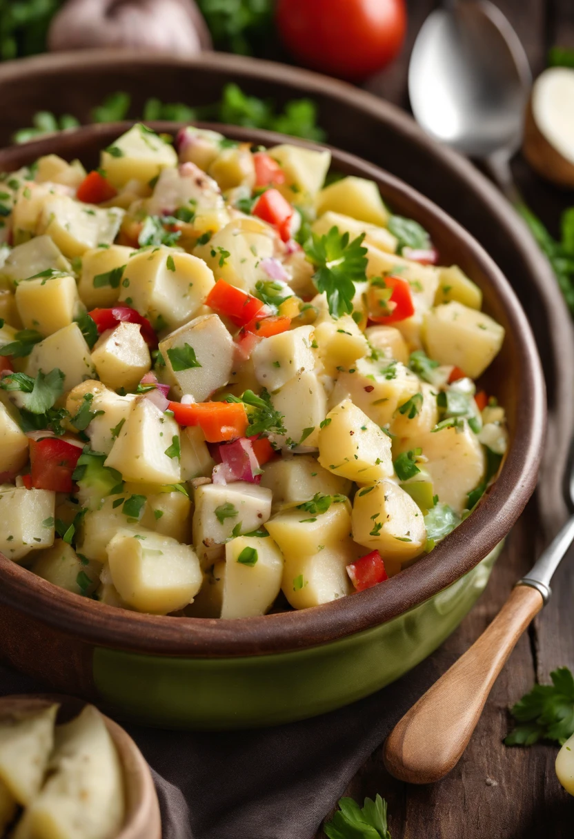 A high-resolution image of a potato salad, with diced potatoes, vibrant vegetables, and a creamy dressing, creating a visually fresh and flavorful dish.