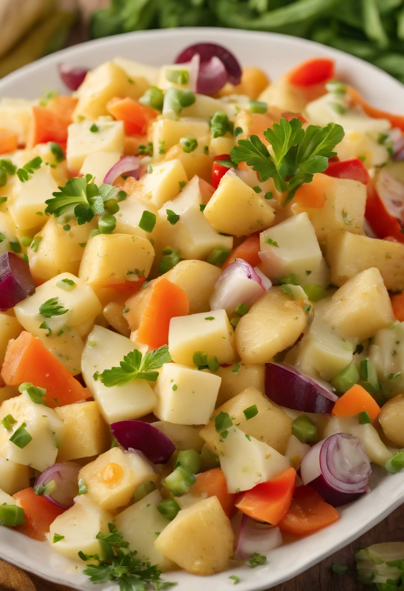 A high-resolution image of a potato salad, with diced potatoes, vibrant vegetables, and a creamy dressing, creating a visually fresh and flavorful dish.