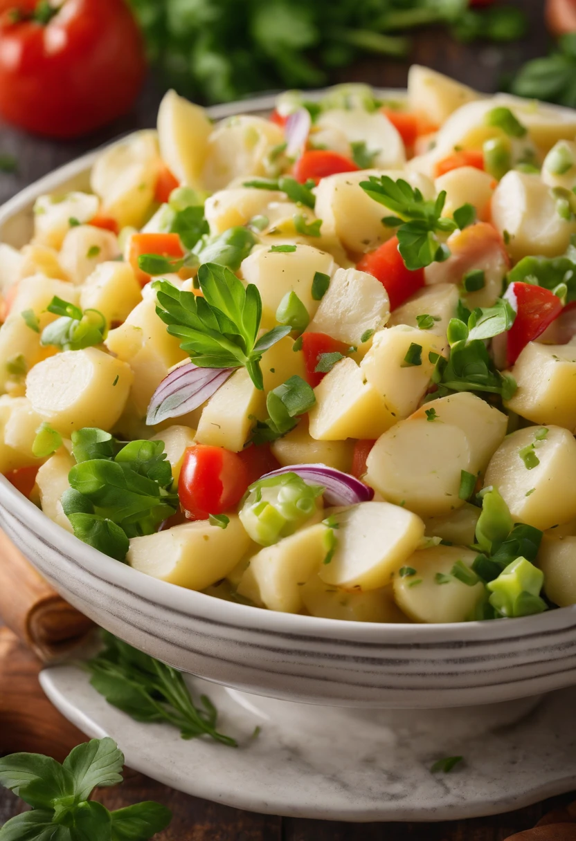 A high-resolution image of a potato salad, with diced potatoes, vibrant vegetables, and a creamy dressing, creating a visually fresh and flavorful dish.