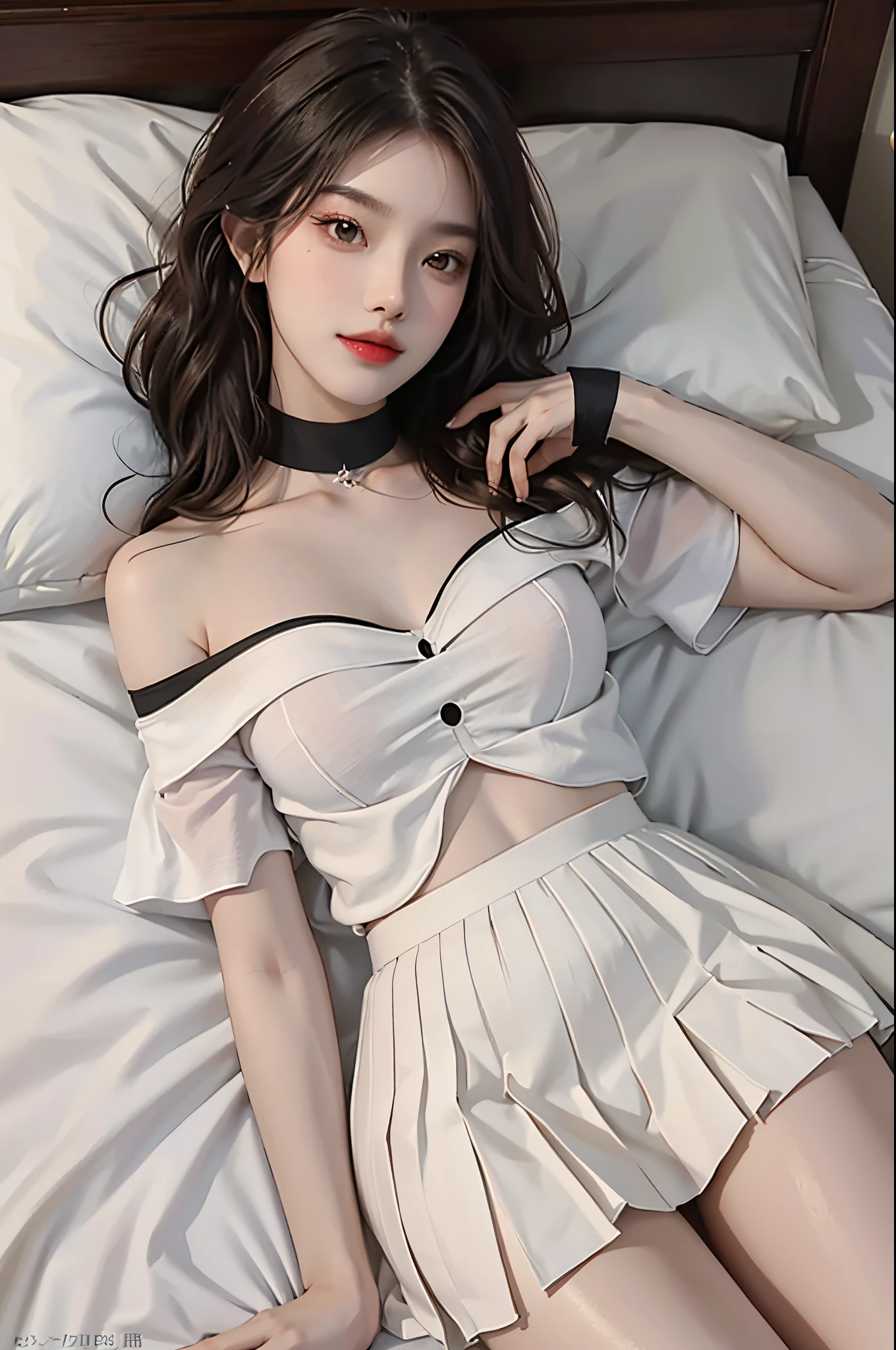 20-year-old sexy model, mix4, Black one shoulder off shoulder shirt, White pleated skirt, A plump chest, Bigchest, slender leg, Lie down in bed, Pose for photos in bed, best qualtiy, 超高分辨率, lighting perfect, ssmile, ((Satellite view, Bird's eye view))