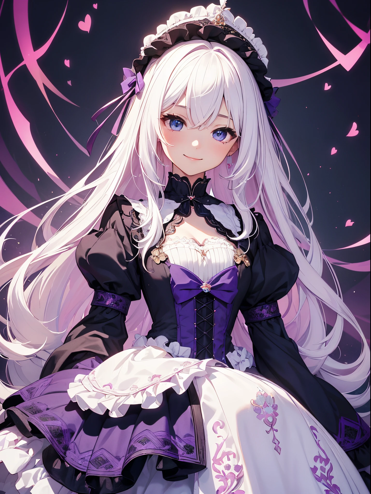 (masterpiece、top-quality、top-quality、Official art、Beautifully Aesthetic:1.2)、(1womanl)、(There is a little space at the top)、ighly detailed、(Fractal Art:1.4)、highestdetailed、long wavy white hair、White hair、Blue eyes、rounded drooping eyes、very small chest 、Flat,Flat, Small chest、Mature beautiful woman、The background is a dark purple wallpaper with a blue lace pattern....、A large pink heart is designed in the background.、ta fashion based on black, with white、Ruffled headdress、Cute smile、Outstanding smile