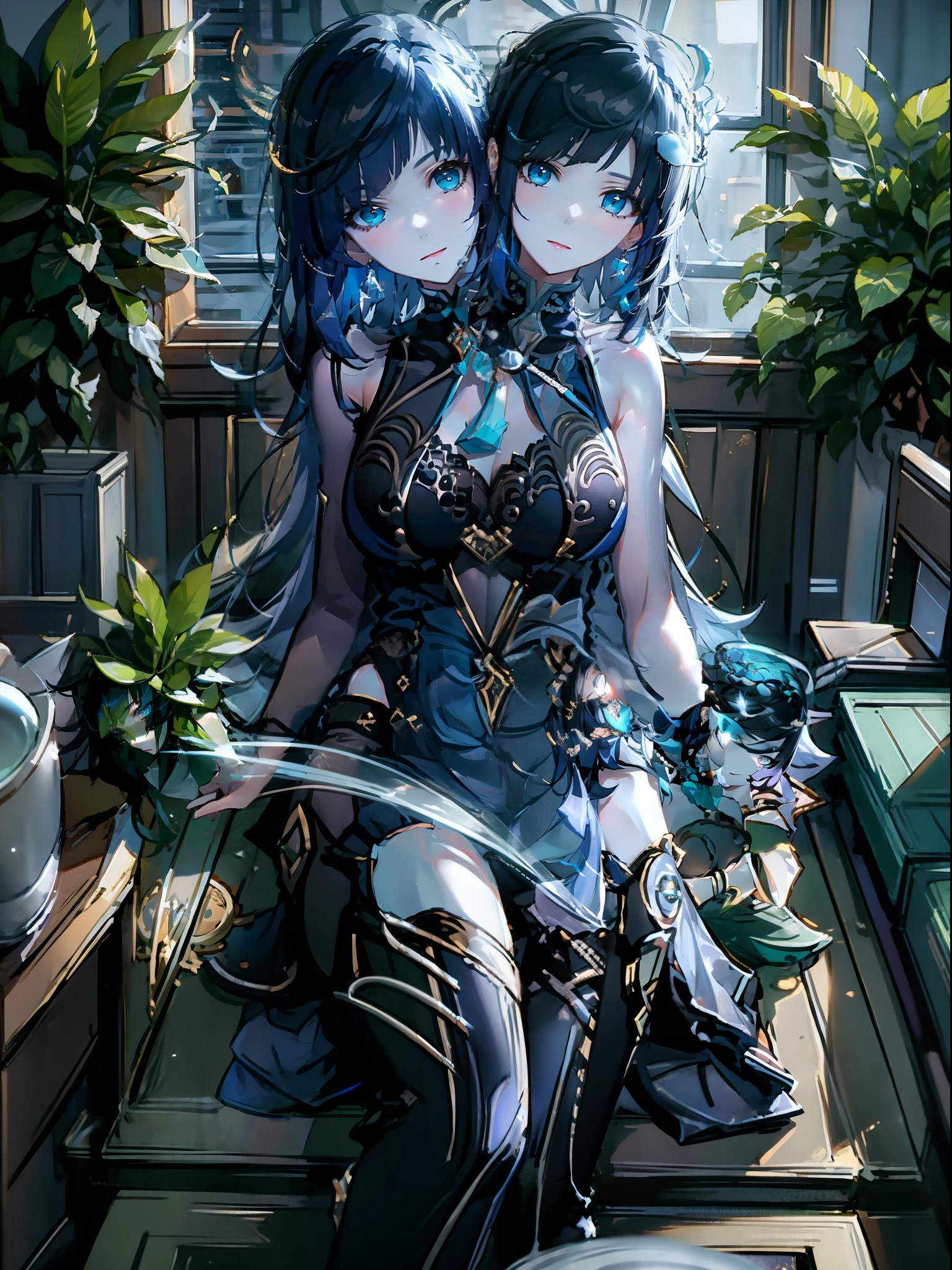 (masterpiece, best quality), best resolution, (2heads:1.5), 1girl, yelan character, black hair with blue highlights, cyan eyes, relaxed, different expressions, kissing, sitting at a table, reading a book, private celestial library, outer space