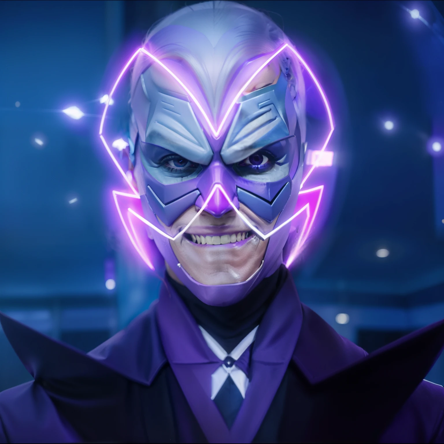 a close up of a person wearing a purple mask and a purple suit, joe biden as an anime villain, this character has cryokinesis, evil villain grin, supervillain, an epic anime of a energy man, white fox anime, eva green as metamorpho, joe biden as a jojo character, anime movie screenshot, magneto, marvelous expression