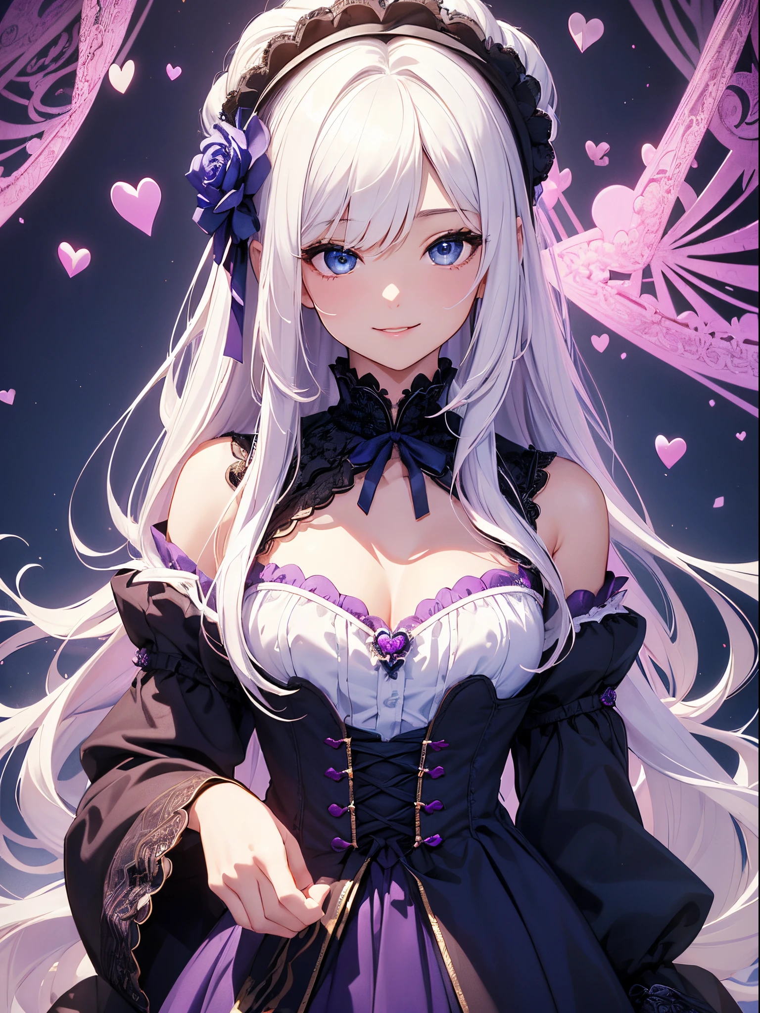 (masterpiece、top-quality、top-quality、Official art、Beautifully Aesthetic:1.2)、(1womanl)、(There is a little space at the top)、ighly detailed、(Fractal Art:1.4)、highestdetailed、long wavy white hair、White hair、Blue eyes、rounded drooping eyes、very small chest 、Flat,Flat, Small chest、Mature beautiful woman、The background is a dark purple wallpaper with a blue lace pattern....、A large pink heart is designed in the background.、ta fashion based on black, with white、Ruffled headdress、Cute smile、Outstanding smile