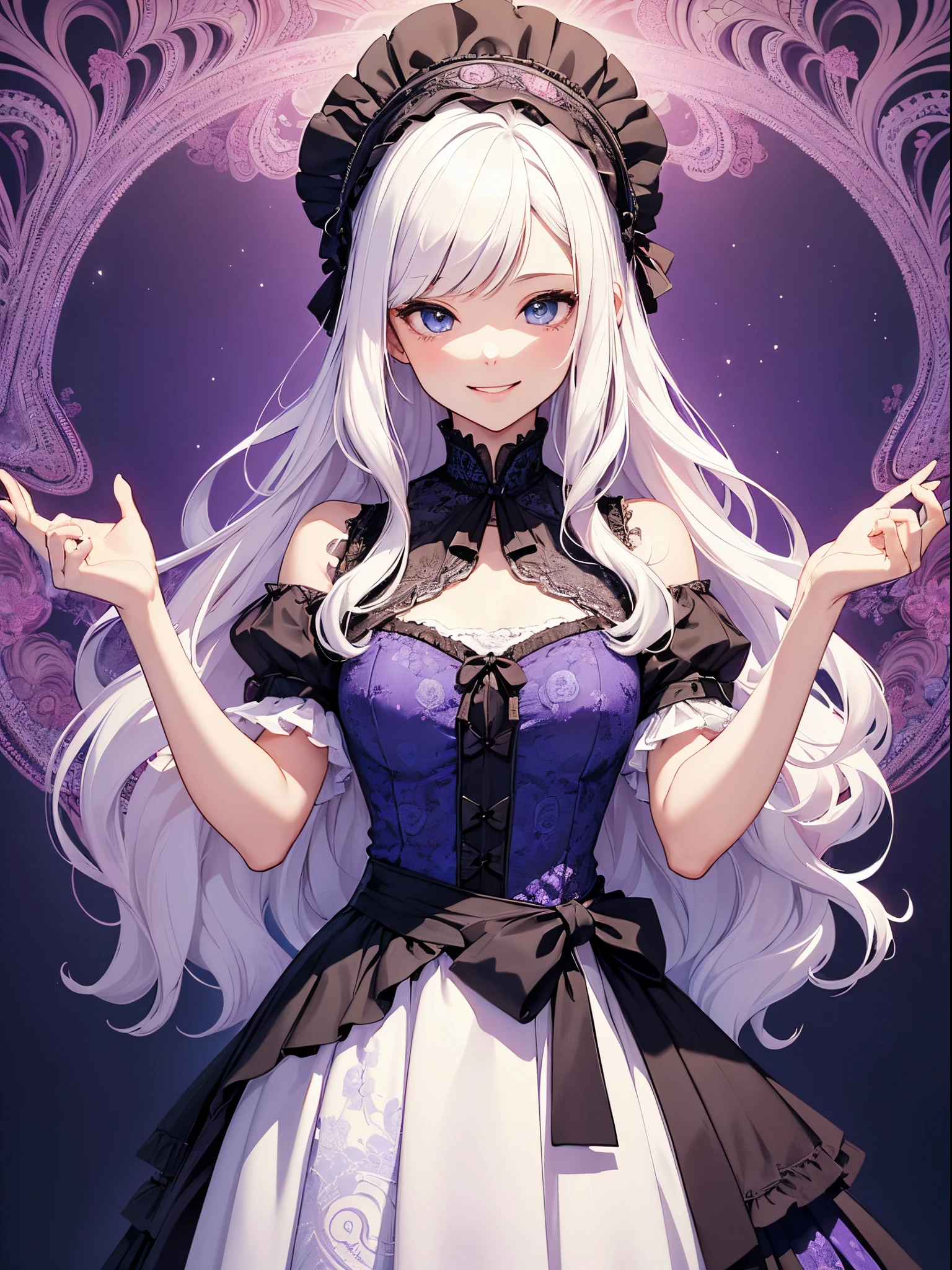 (masterpiece、top-quality、top-quality、Official art、Beautifully Aesthetic:1.2)、(1womanl)、(There is a little space at the top)、ighly detailed、(Fractal Art:1.4)、highestdetailed、long wavy white hair、White hair、Blue eyes、rounded drooping eyes、very small chest 、Flat,flat, small chest、Mature beautiful woman、The background is a dark purple wallpaper with a blue lace pattern....、The background has a large pink heart design、Lolita fashion based on black, with white、Ruffled headdress、Cute smile、Outstanding smile
