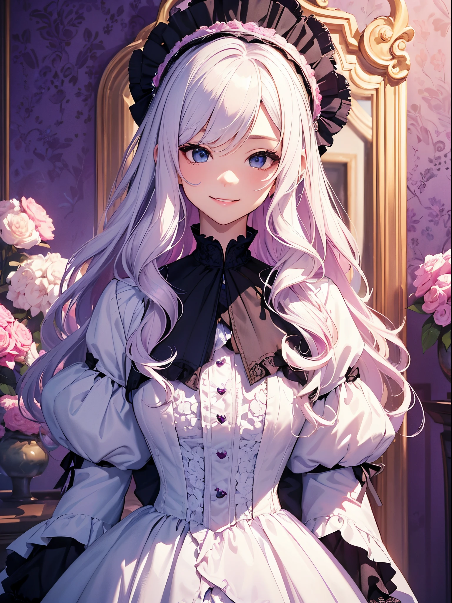 (masterpiece、top-quality、top-quality、Official art、Beautifully Aesthetic:1.2)、(1womanl)、(There is a little space at the top)、ighly detailed、(Fractal Art:1.4)、highestdetailed、long wavy white hair、White hair、Blue eyes、rounded drooping eyes、very small chest 、Flat,flat, small chest、Mature beautiful woman、The background is a dark purple wallpaper with a blue lace pattern....、The background has a large pink heart design、Lolita fashion based on black, with white、Ruffled headdress、Cute smile、Outstanding smile