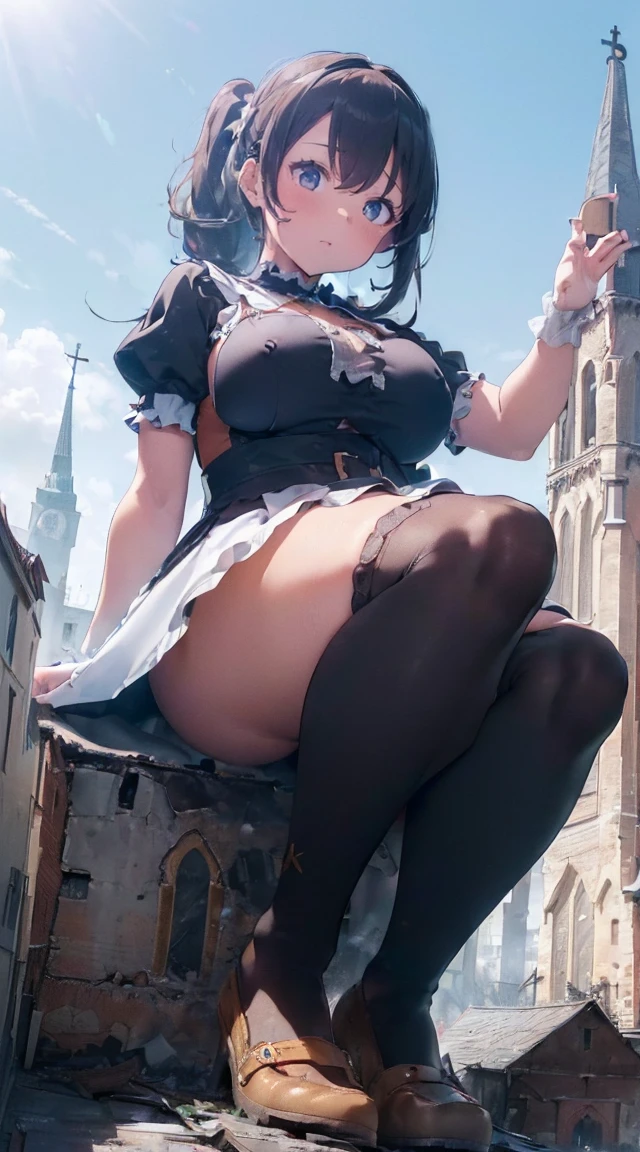 ((((Reaching Out 1.3)))),((((A city in ruins at your feet)))),((((Kneeling)))),Fantastic,long legged,(((A Princess))),(((((Full body depiction))))),((((Randomly sexy poses)))),((((Beautiful soles))))、((((Five fingers on a beautiful sole)))),Big Chest Ribbon,((Teary-eyed)),((((((Colossal tits)))))),((embarrassed from)),Blushing,(((((((Big girl sitting on the roof of the church beyond the tower))))))),((((lowfers)))),the Extremely Detailed CG Unity 8K Wallpapers,top-quality,ultra-detailliert,masterpiece,realisitic,Photo Real,Bright lighting,extremely detailed cute girl,18year old,Innocent big eyes,A detailed eye,(Silvery hair),(shorth hair),(bangss),flawless skin,shinny skin,fair white skin,Fine skin,((((large full breasts)))),((((((plump thighs)))))),((perfect anatomia,nice hand,perfect hand,Five fingers connected to the palm of the hand,accurate hands without incongruity)),Show off panties、pantyshot、(((Super Huge Girl Cute Princess Dress Costume、white colors)))、(((knee high socks))),front facing,(fumo),(fires),(((Rubble Town)))、Ground cracking,