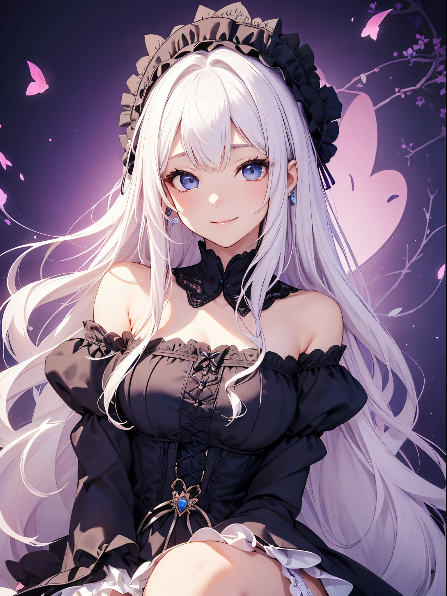 ((highest quality)),(ultra high resolution),(Super detailed),(detailed description),((best CG)),(best work of art),super precision art,amazing drawing art,(Art with precise details:1.5), (Adult woman smiling in a dark room:1.6),(beautiful and well-shaped face:1.5),(transparent black wedding dress:1.6),(Black Wedding Veil:1.5),(flower tattoo:1.5),