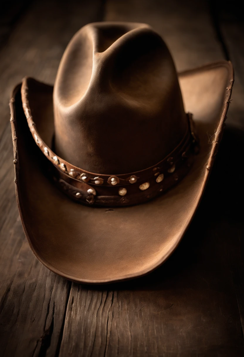A high-resolution image of a worn and weathered cowboy hat, with creases and imperfections that tell the story of its adventures and character, creating a visually authentic and nostalgic image.