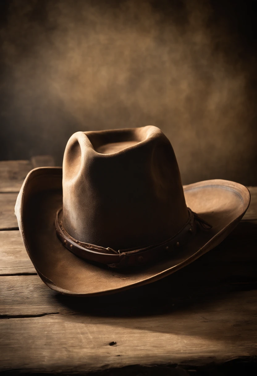 A high-resolution image of a worn and weathered cowboy hat, with creases and imperfections that tell the story of its adventures and character, creating a visually authentic and nostalgic image.