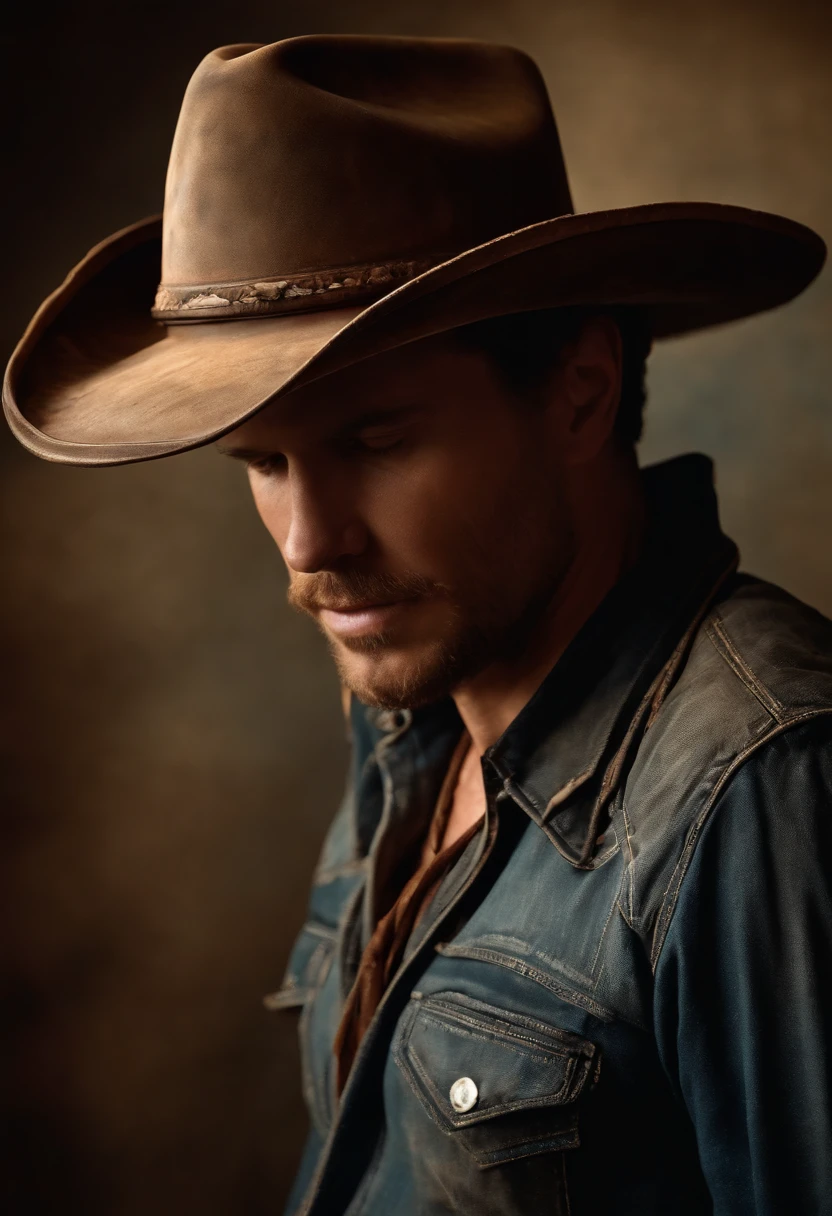 A high-resolution image of a worn and weathered cowboy hat, with creases and imperfections that tell the story of its adventures and character, creating a visually authentic and nostalgic image.