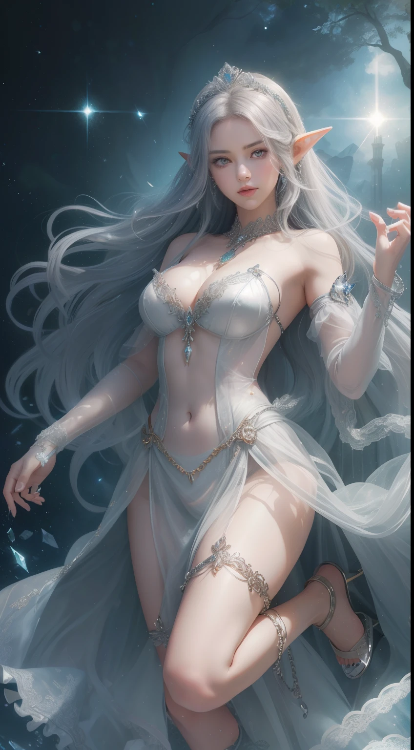 tmasterpiece，Highest image quality，Beautiful full body portrait of noble elf dancer，Delicate silver hairstyle，Clear orange eyes，head chain，veils，heeled sandals，Has a dazzling array of、Well made jewelry，Ultra-detailed details，advanced。At the Pixiv Art Station，Break your own power，Luigi，Big breasts exposing cleavage，R-18G