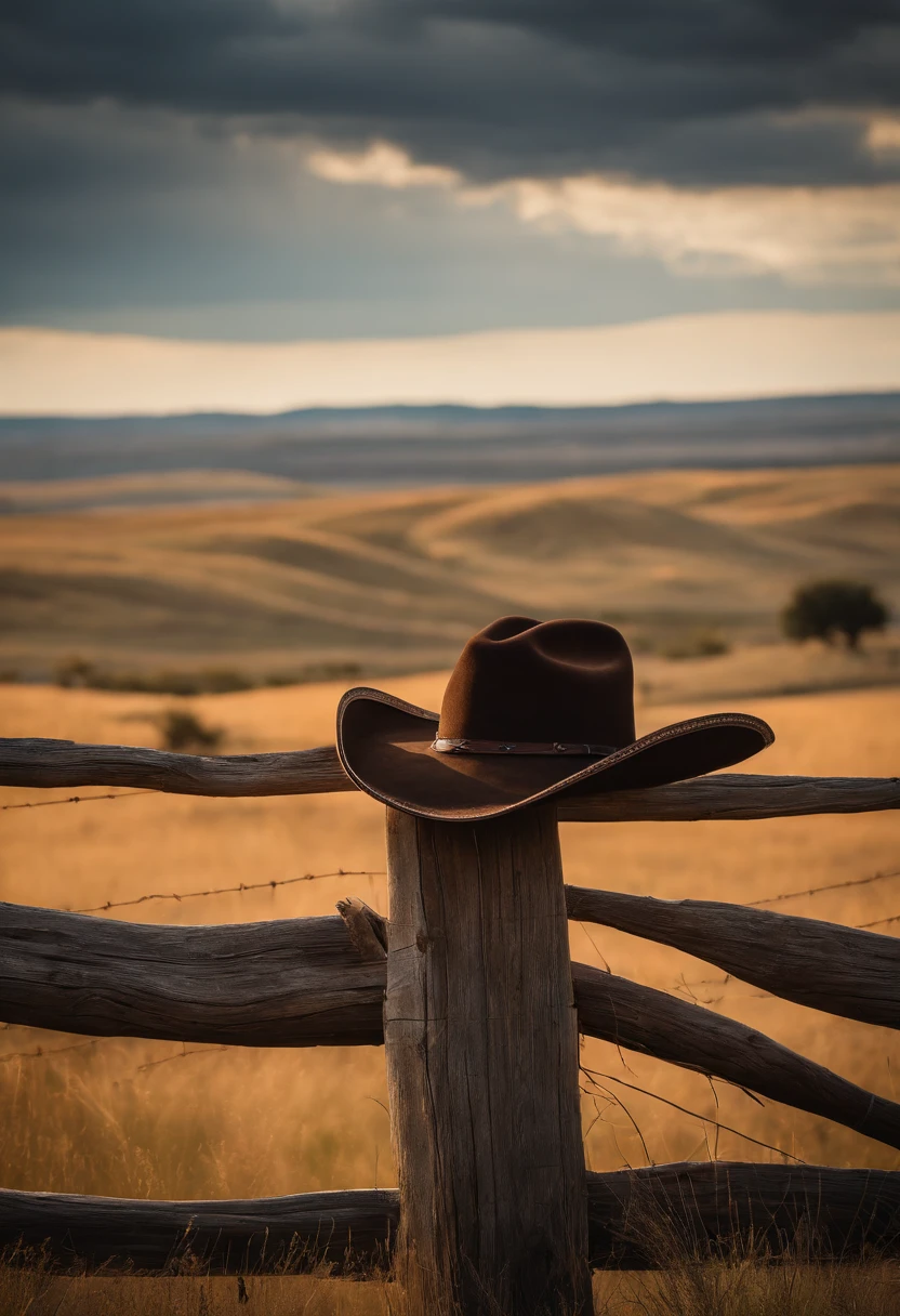 A visually stunning composition of a cowboy hat perched on a wooden fence post, with a wide open prairie and rolling hills in the background, capturing the spirit of the Wild West and the allure of the cowboy lifestyle.