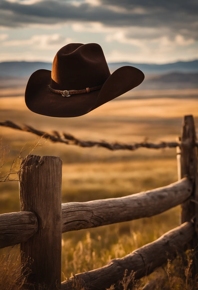 A visually stunning composition of a cowboy hat perched on a wooden fence post, with a wide open prairie and rolling hills in the background, capturing the spirit of the Wild West and the allure of the cowboy lifestyle.
