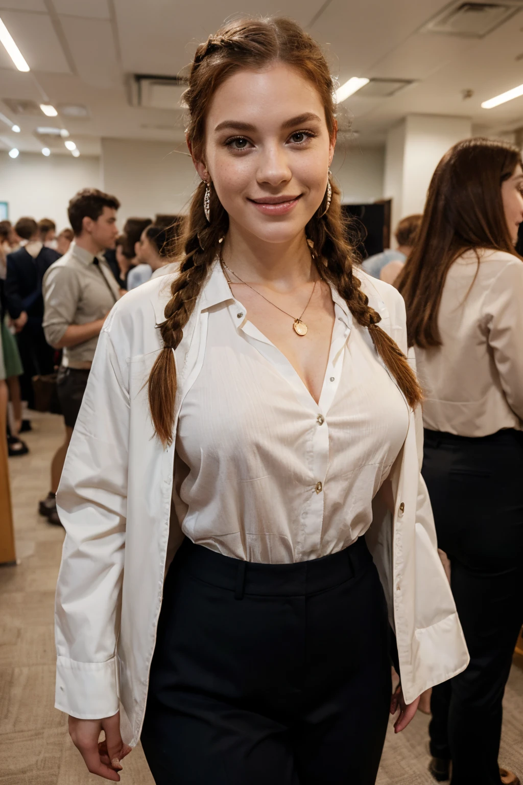 (best quality), (masterpiece:1.2), wide angle photo, full body photo, 5 young teen secretaries, 18 years old, smiling wistfully, redhead, twin braids, heavy freckles, pale skin, makeup, earings, necklace, jewelery, crowded office, morning, working place, crowd of people, formal suits, unbottoned white shirt, tight shirt, open jacket, sexy neckline, large neckline, 16k, photorealistic, real photo, nikon d800