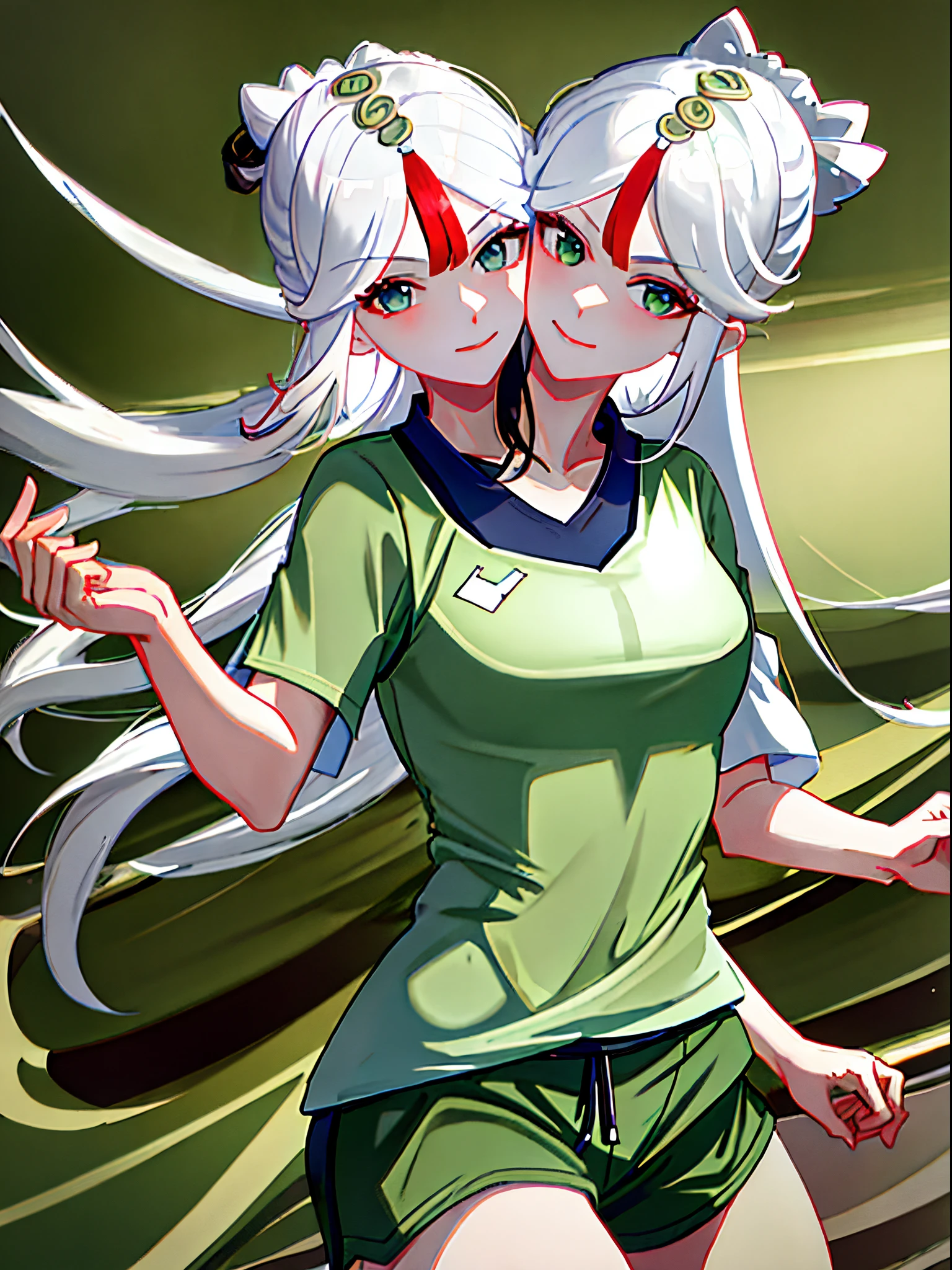 (masterpiece, best quality), best resolution, (2heads:1.5), 1girl, white hair, ponytail, green eyes, focused, soccer uniform, playing soccer, soccer field, day