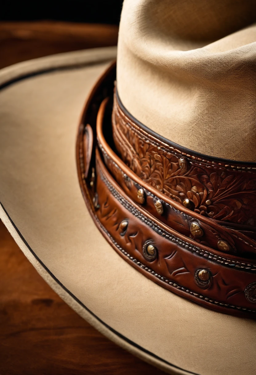 A close-up shot of a cowboy hat’s brim, showcasing the intricate stitching and detailing, creating a visually intricate and stylish image.