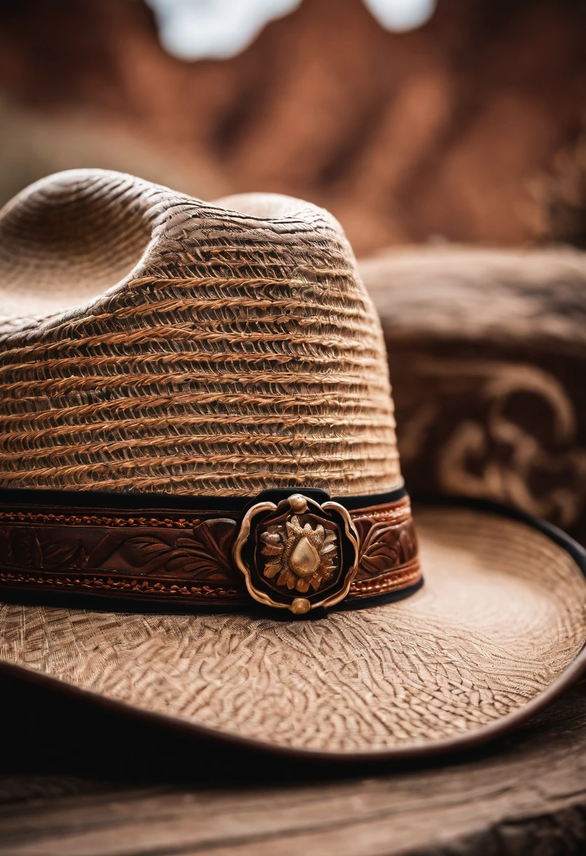 A close-up shot of a cowboy hat’s brim, showcasing the intricate stitching and detailing, creating a visually intricate and stylish image.