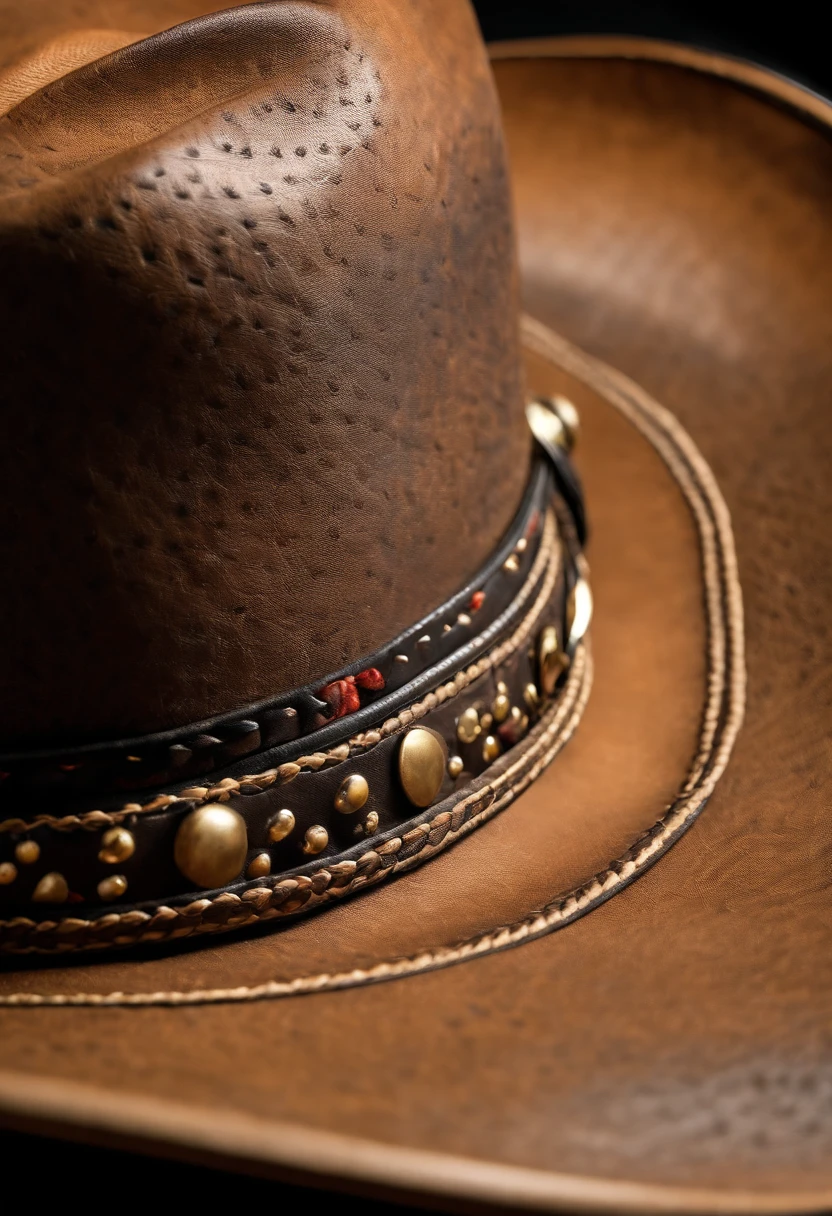 A close-up shot of a cowboy hat’s brim, showcasing the intricate stitching and detailing, creating a visually intricate and stylish image.