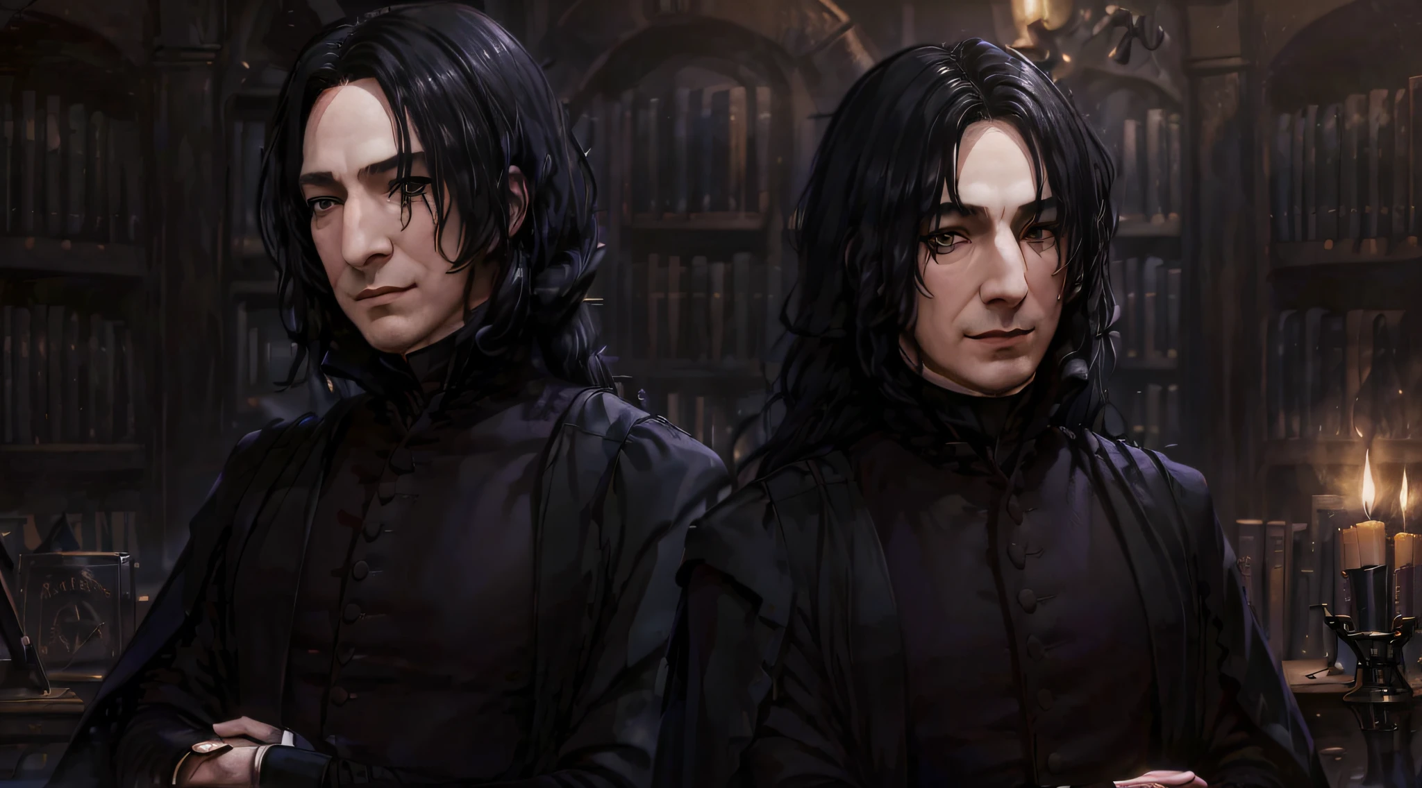 masterpiece, top quality, ((one_man)), with ((Severus Snapes face)), up adult, ((hooked nose), ((black_hair)) and ((black_eyes)), ((shoulder length hair)), smiling seductively, ((bookshelves in background)), ((alone)), night, ((soft candlelight))