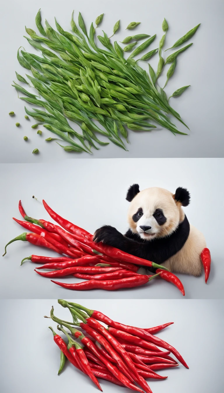 chili pepper、red pepper、Green peppercorns、spices、Arranged in the shape of a giant panda、Shot from a bird's eye view