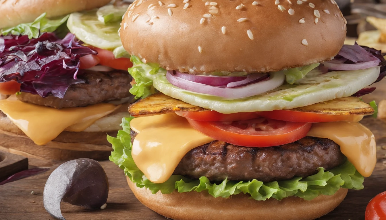 2700*755 resolution，Burger promotion landscape, closeup cleavage, Verism, wide angles, Optical illusion, A high resolution, hyper HD，