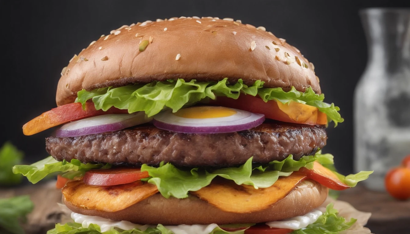 2700*755 resolution，Burger promotion landscape, closeup cleavage, Verism, wide angles, Optical illusion, A high resolution, hyper HD，