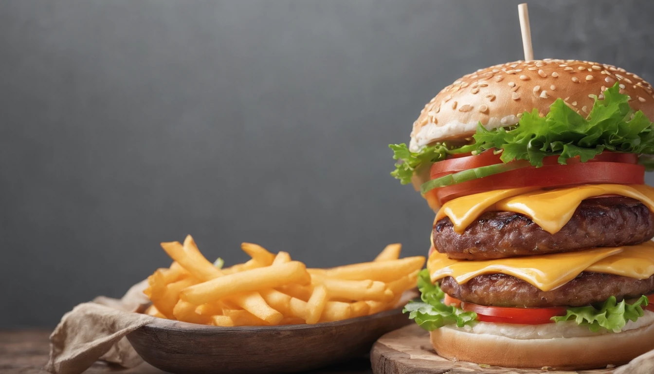 2700*755 resolution，Burger promotion landscape, closeup cleavage, Verism, wide angles, Optical illusion, A high resolution, hyper HD，