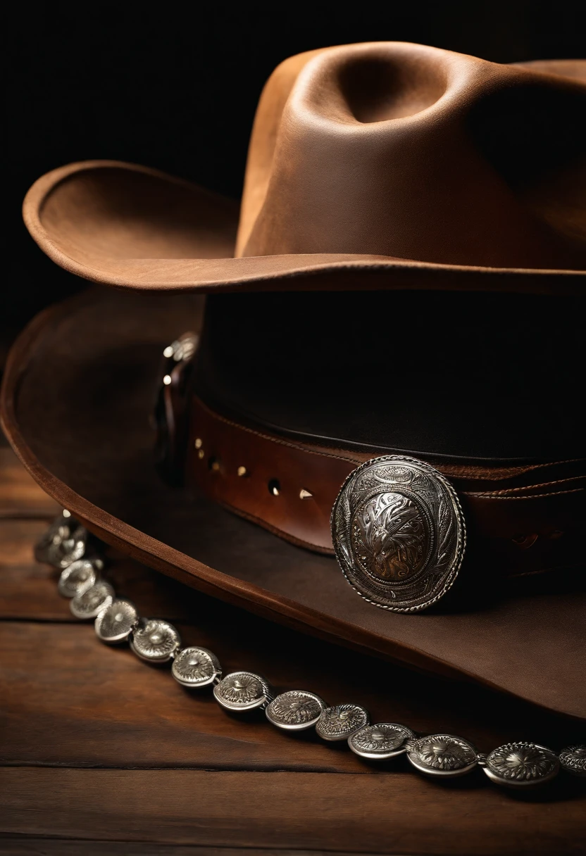 A close-up shot of a cowboy hat’s band, adorned with intricate silver conchos and leather braiding, creating a visually striking and decorative image.