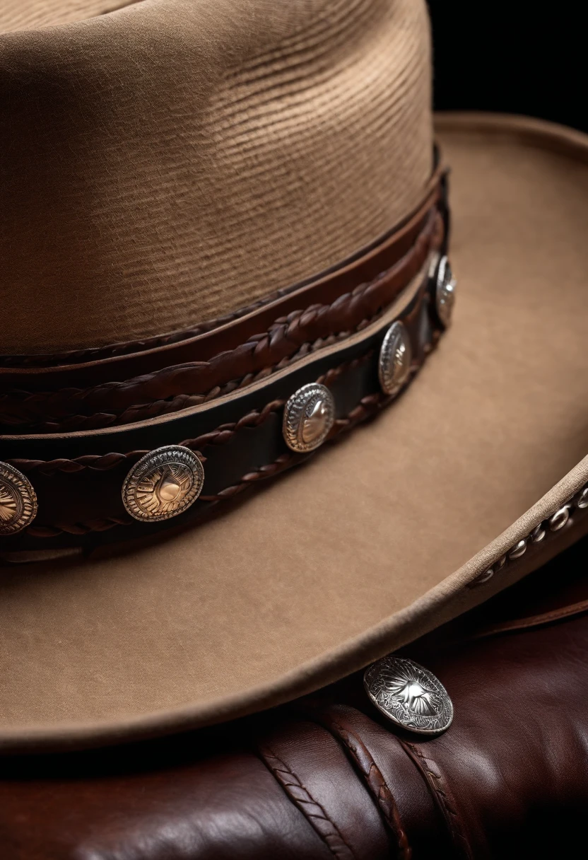 A close-up shot of a cowboy hat’s band, adorned with intricate silver conchos and leather braiding, creating a visually striking and decorative image.