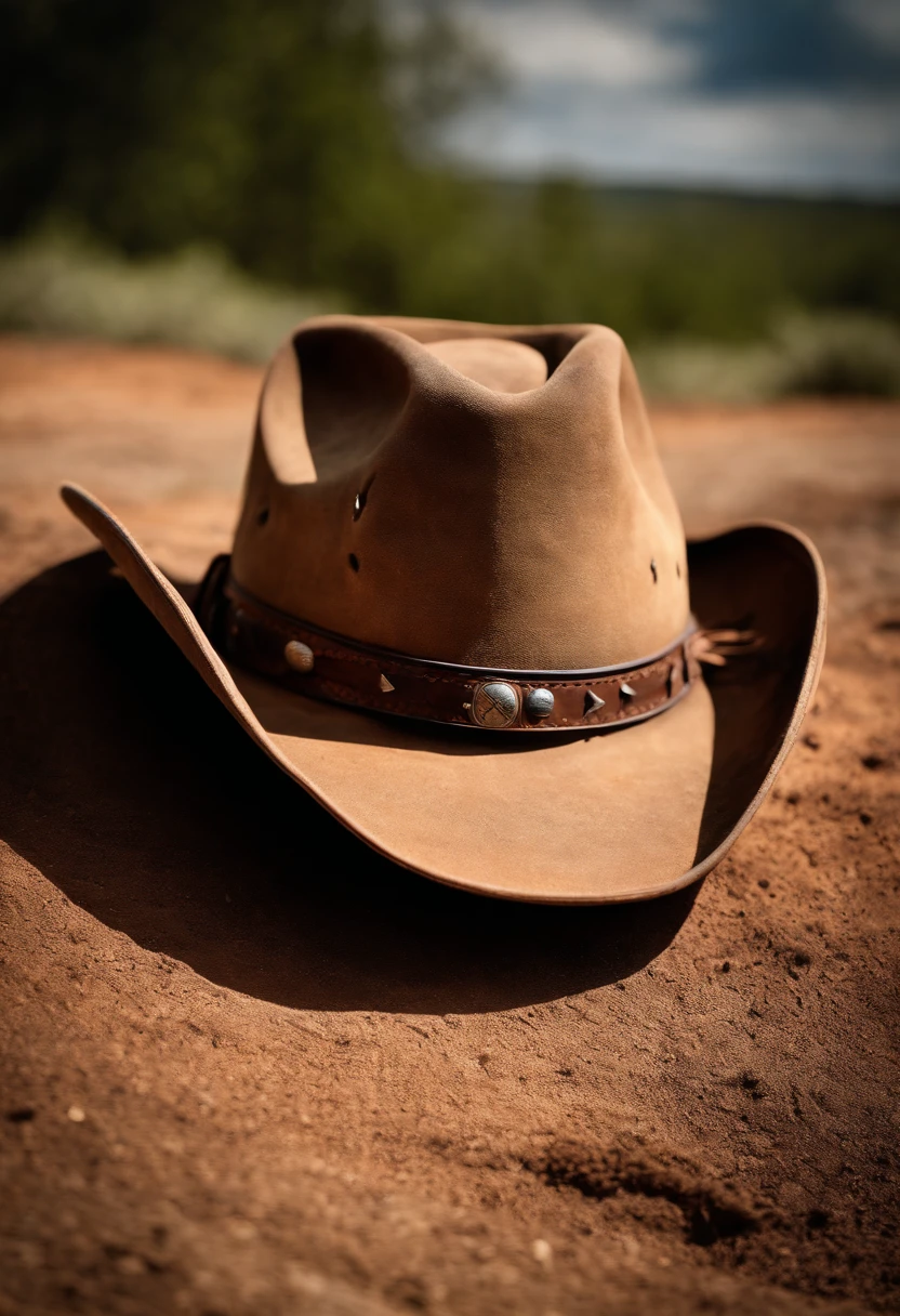 A high-resolution image of a cowboy hat on a cowboy’s head, with dust and sweat stains that showcase its authenticity and usage, creating a visually rugged and authentic scene.