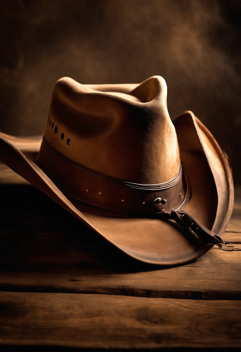 A high-resolution image of a cowboy hat on a cowboy’s head, with dust and sweat stains that showcase its authenticity and usage, creating a visually rugged and authentic scene.