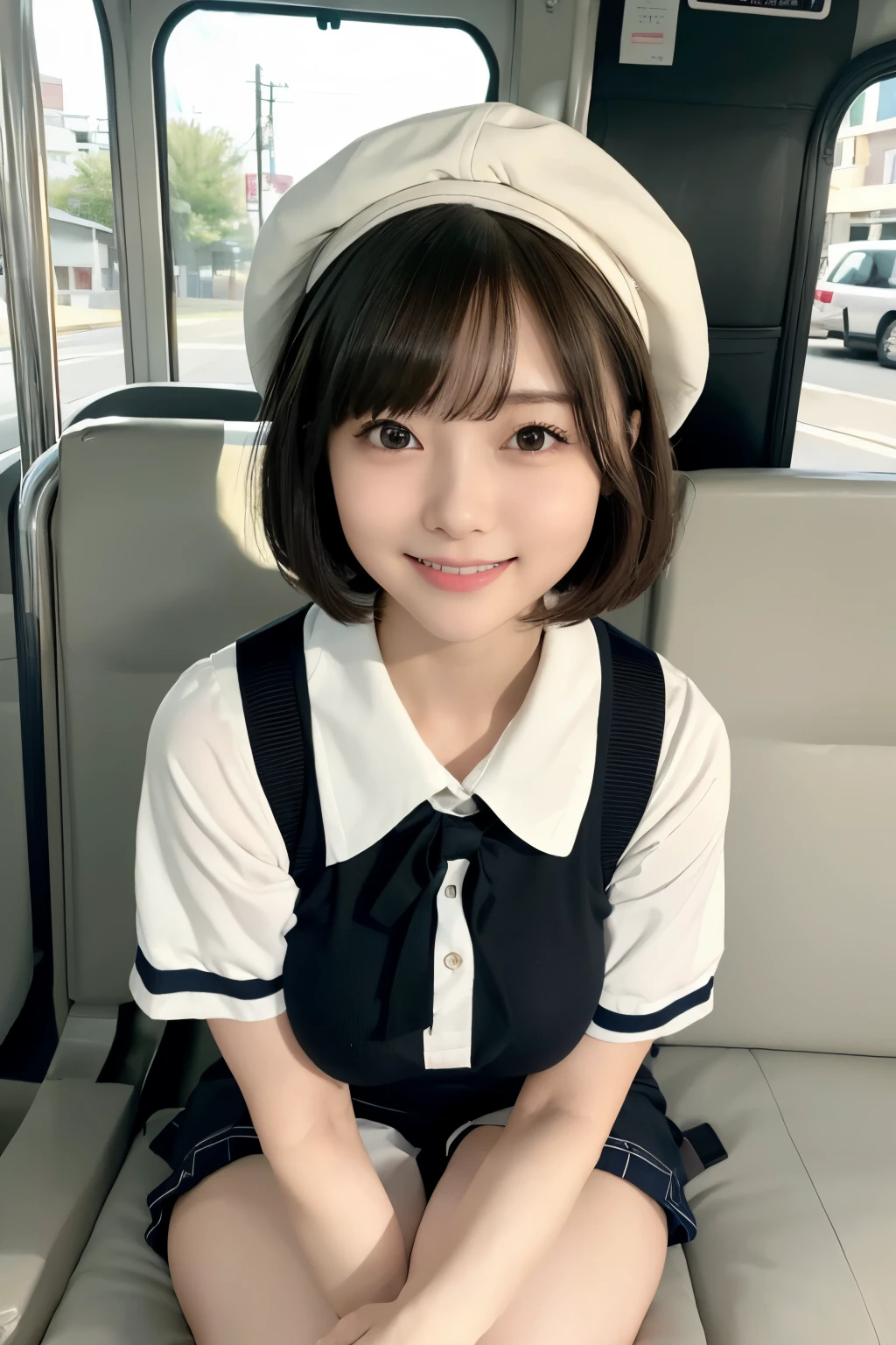 top-quality,ultra-detailliert,masterpiece,realisitic,Photo Real,Bright lighting,1 girl in, extremely pretty girl, (kawaii:1.2),Bursting smile, Black eye,A dark-haired,bob cuts,beret、(bangss),perfect glossy skin,flawless skin,((erotick,sexy for)),huge tit ,big breasts thin waist, short stature、Look at viewers,a sailor suit,high-school uniform:1.2、shortsleeves,neck tie,sitting on,sockes、Futomo、rucksack、(Loafer shoes), during daytime,Inside the bus,