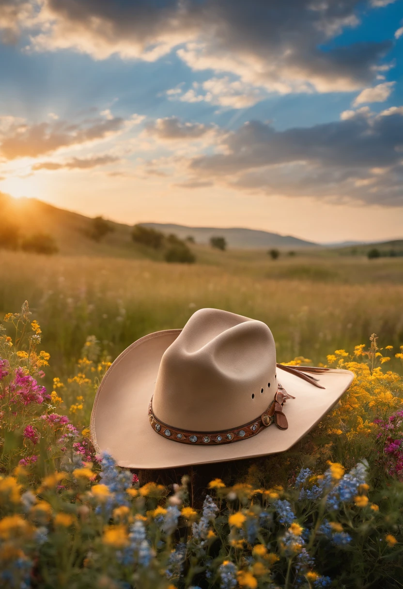 A visually stunning composition of a cowboy hat surrounded by wildflowers on a picturesque prairie, with a blue sky and fluffy clouds in the background, capturing the beauty and freedom of the cowboy’s outdoor lifestyle.