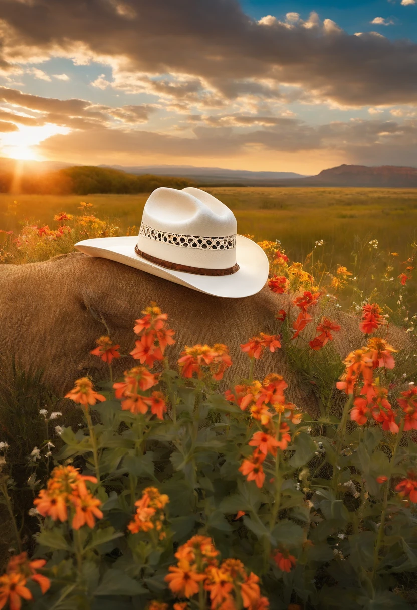 A visually stunning composition of a cowboy hat surrounded by wildflowers on a picturesque prairie, with a blue sky and fluffy clouds in the background, capturing the beauty and freedom of the cowboy’s outdoor lifestyle.