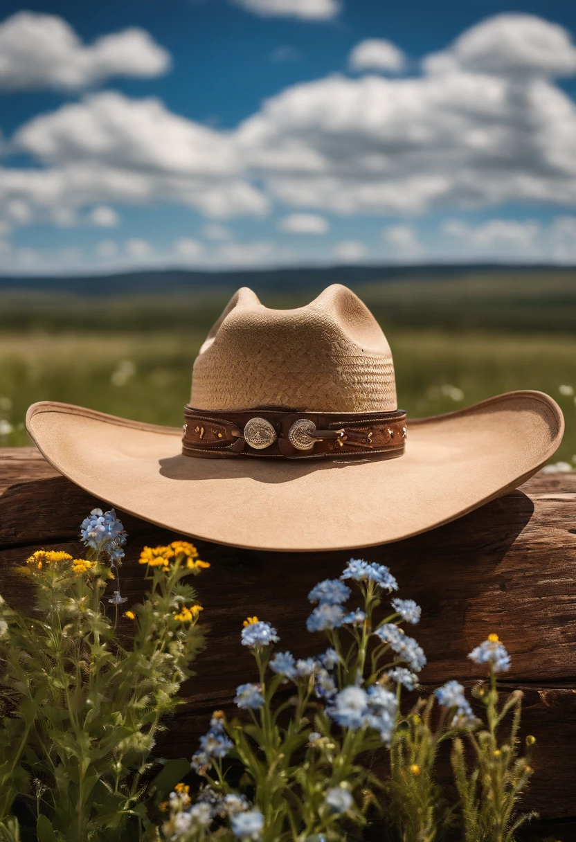 A visually stunning composition of a cowboy hat surrounded by wildflowers on a picturesque prairie, with a blue sky and fluffy clouds in the background, capturing the beauty and freedom of the cowboy’s outdoor lifestyle.