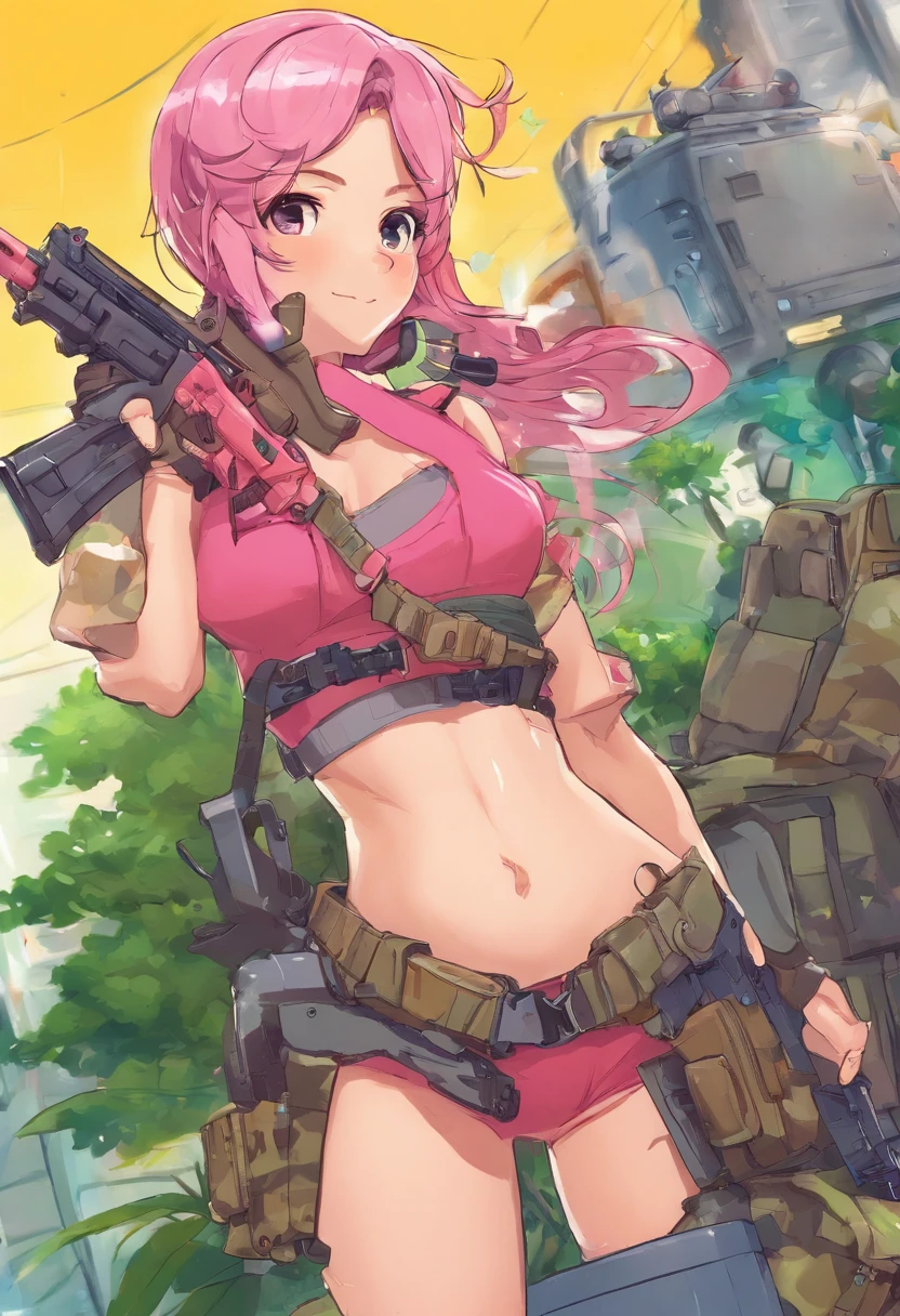 Affiche du film Commando, Belle femme soldat, anime girl aux cheveux verts tenant un pistolet rose, bikini + Tattered military equipment, Fille soldat, avec fusil, fully colored, trigger anime artstyle, Special operations,Avoir un gros pistolet à la main, Rivet, explosions, La Voiture, planes, un seul corps,Ultraclair,8k,extreme details,