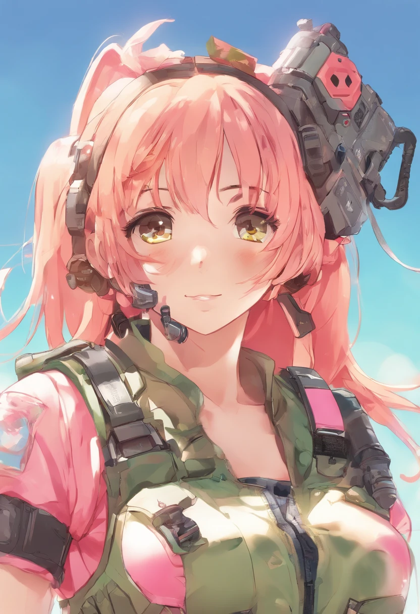 Affiche du film Commando, Belle femme soldat, anime girl aux cheveux verts tenant un pistolet rose, bikini + Tattered military equipment, Fille soldat, avec fusil, fully colored, trigger anime artstyle, Special operations,Avoir un gros pistolet à la main, Rivet, explosions, La Voiture, planes, un seul corps,Ultraclair,8k,extreme details,