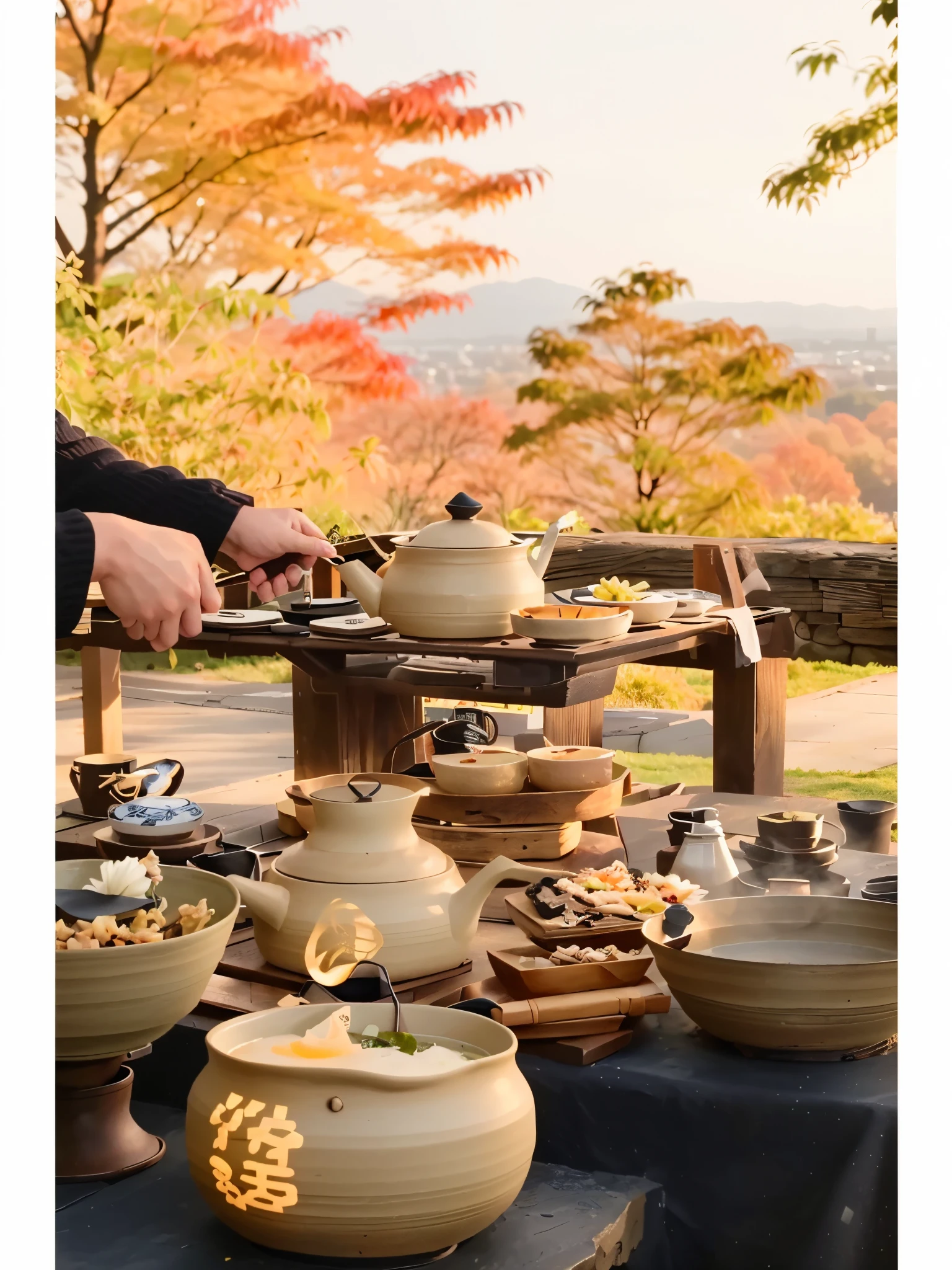 There are two people on the left and right sides of the table outside serving a variety of food, tea ceremony scene, in the afternoon, golden time in the morning, saucepan, Rich details, afternoon time, eye level view, morningglow, Bottom corner, 4l, Hagrid, Uptrend ,, Japan pottery, Shot with Leica SL2, Sunny morning, well edited, Seven miles,