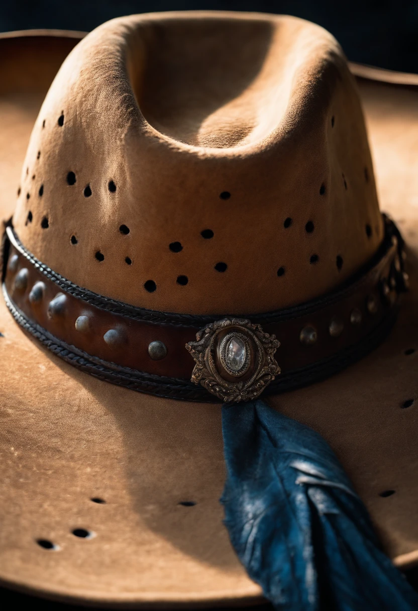 A close-up shot of a cowboy hat’s crown, with the dents and indents that have formed over time, creating a visually textured and worn image.