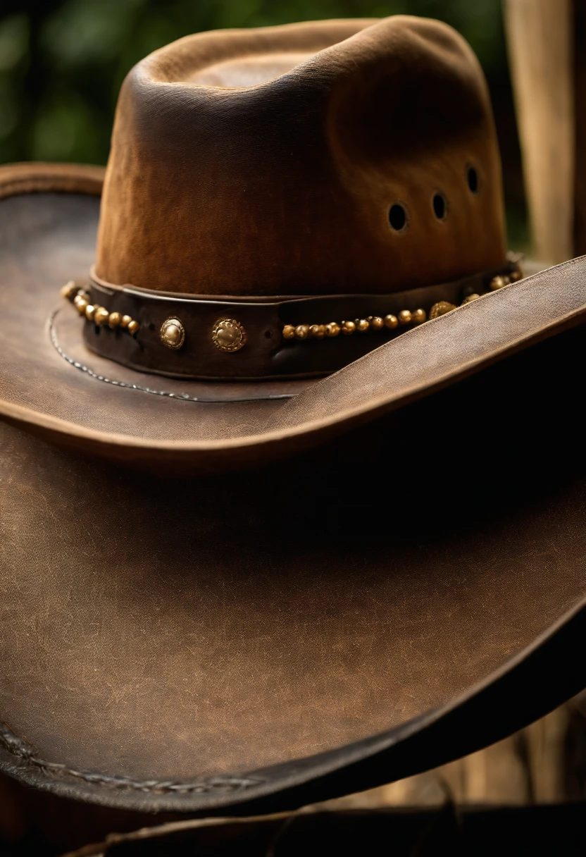 A close-up shot of a cowboy hat’s crown, with the dents and indents that have formed over time, creating a visually textured and worn image.