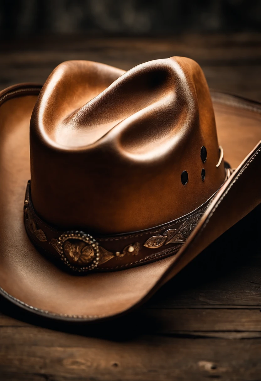 A close-up shot of a cowboy hat’s crown, with the dents and indents that have formed over time, creating a visually textured and worn image.