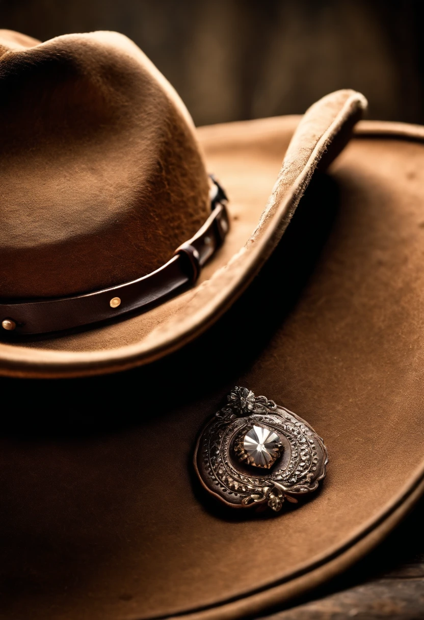 A close-up shot of a cowboy hat’s crown, with the dents and indents that have formed over time, creating a visually textured and worn image.