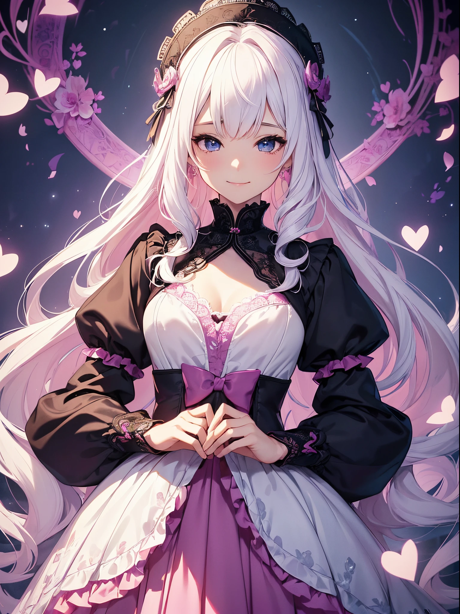 (masterpiece、top-quality、top-quality、Official art、Beautifully Aesthetic:1.2)、(1womanl)、(There is a little space at the top)、ighly detailed、(Fractal Art:1.4)、highestdetailed、long wavy white hair、White hair、Blue eyes、rounded drooping eyes、very small chest 、Flat, Poor chest、Mature beautiful woman、The background is dark purple, pink and blue lace pattern....、The background is a heart design、Lolita fashion based on black, White and pink、Ruffled headdress、Cute smile、Outstanding smile