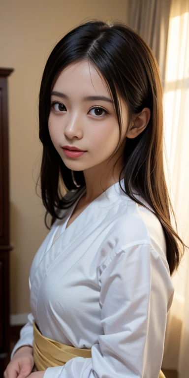 (masutepiece, Best Quality:1.4), Beautiful face, 8K, 85 mm, absurderes, ((Dark bedroom in the hotel))、(Furisode:1.4), cowboy shot、violaceaess, gardeniass, Delicate girl, Solo, Long bob hair、Night, Looking at Viewer, Upper body, Film grain, chromatic abberation, Sharp Focus, face lights, Professional Lighting, Sophisticated, (Smile:0.4), (Simple background, Bokeh background:1.2), Detail Face