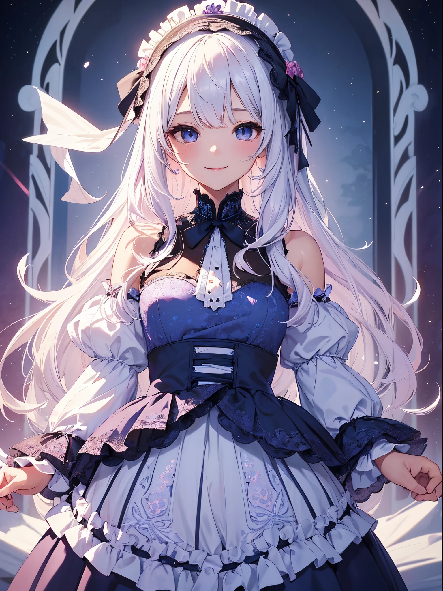 (masterpiece、top-quality、top-quality、Official art、Beautifully Aesthetic:1.2)、(1womanl)、(a little space at the top)、ighly detailed、(Fractal Art:1.4)、highestdetailed、long wavy white hair、White hair、Blue eyes、rounded drooping eyes、very small chest 、Flat, Poor chest、Mature beautiful woman、The background is purple, Pink, and blue lace pattern....、The background is a heart design、Lolita fashion based on black, White and pink、Ruffled headdress、Cute smile、Outstanding smile